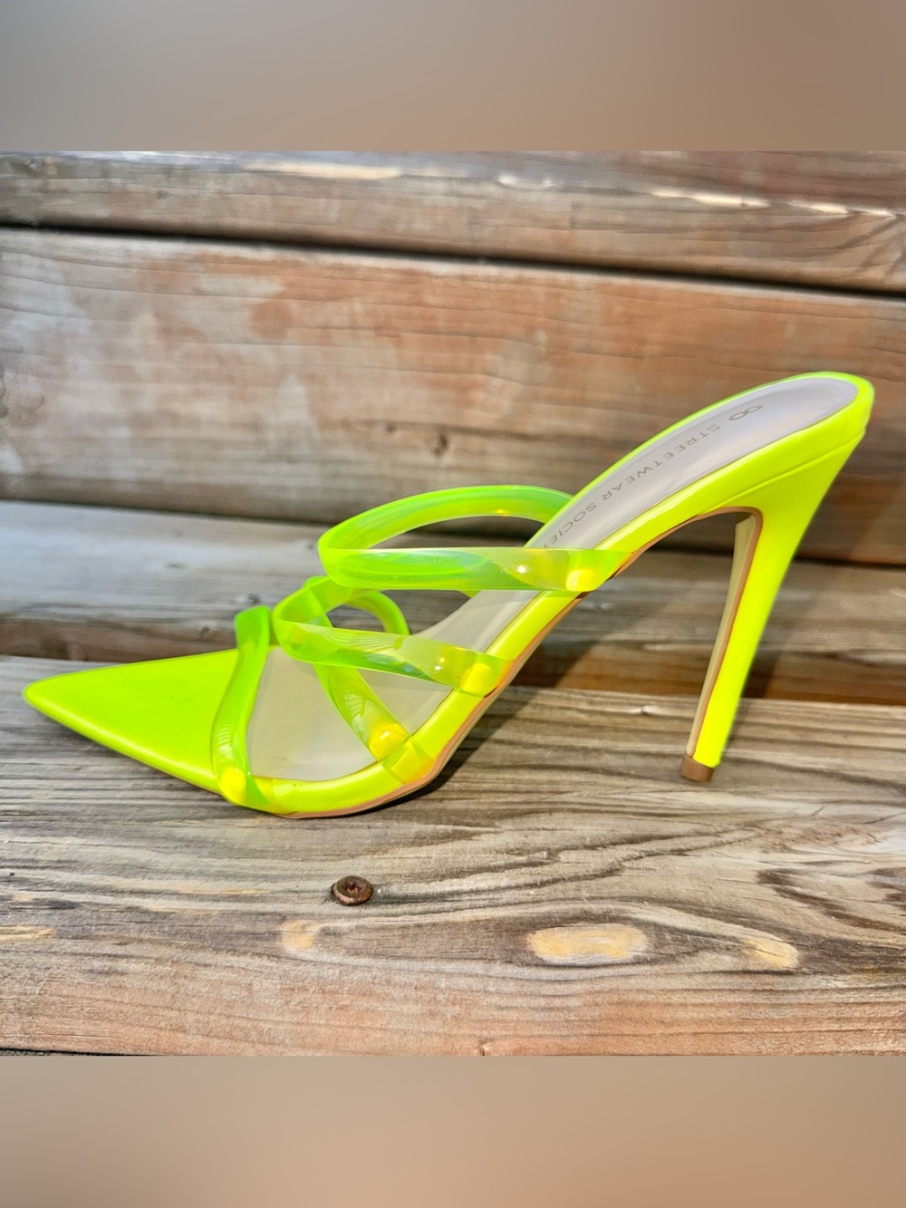 💚 Streetwear Society Neon Yellow Strappy Stiletto Mules